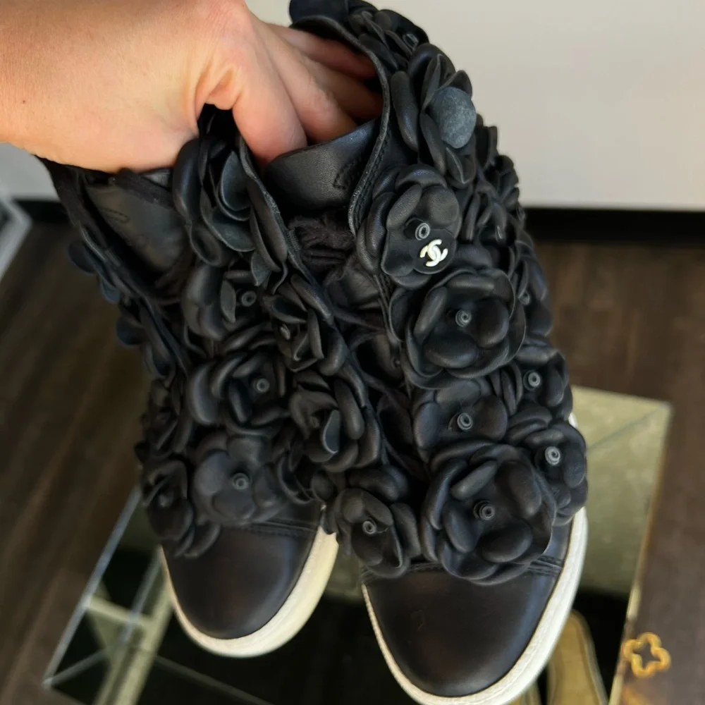 CHANEL Leather Camellia High Top Sneaker size 36